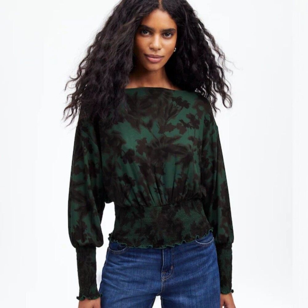 Madewell Forest Green Leafy Botanical Print Smocked Waist Top XS Cottagecore